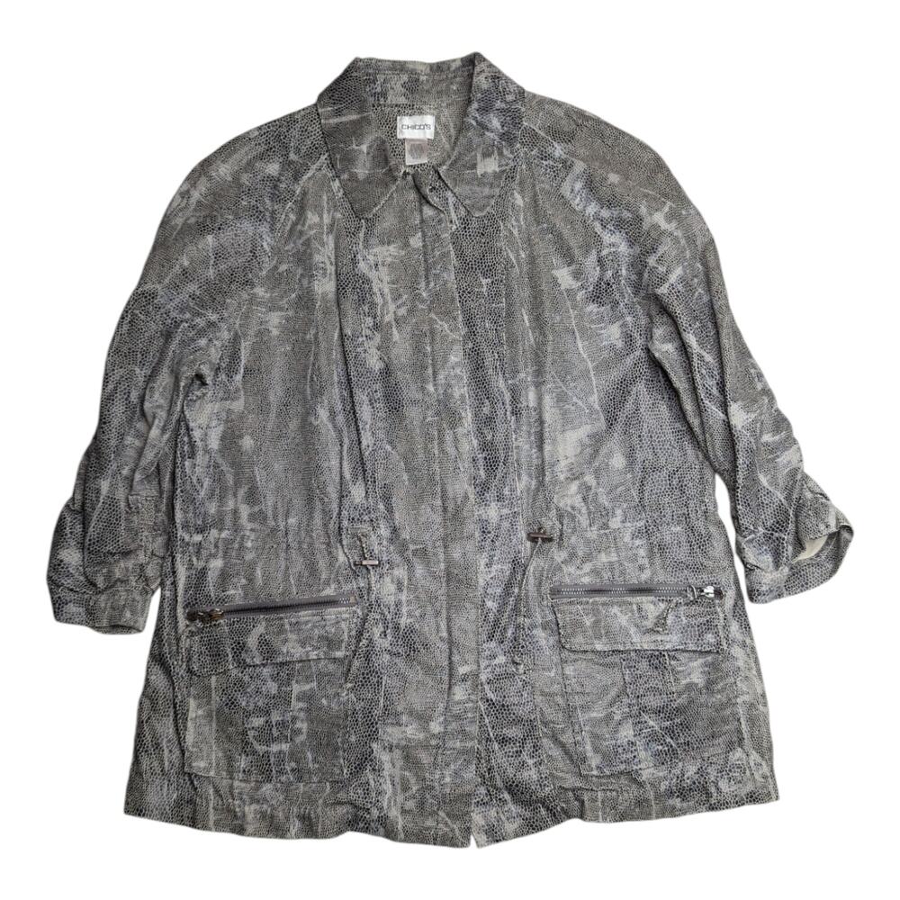 Vtg 1990s Chico's Linen Blend Snakeskin Printed Distressed Utility Jacket 2 L